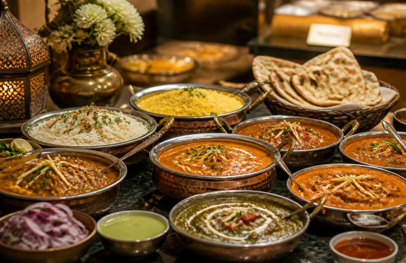 Indisk cateringbuffé med curryrätter, ris och naanbröd