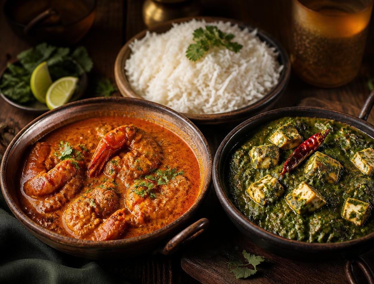 Goan scampi curry och palak paneer med ris