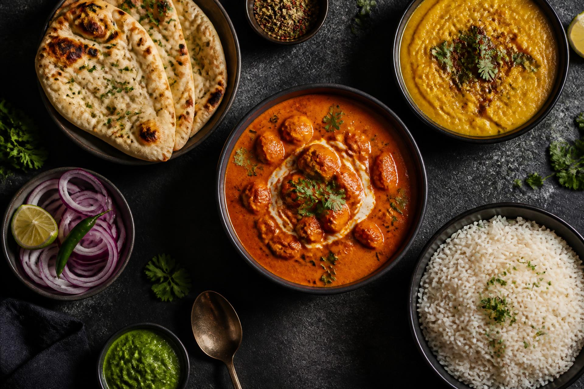 Indiska curryrätter med ris, naanbröd och dal på mörkt bord